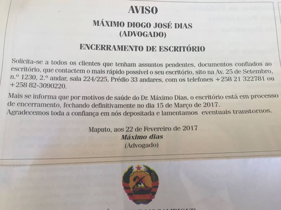 Simplesmente o que teria acontecido é que Máximo Dias anunciou que vai terminar a sua carreira ao serviço da justiça, em uma semana por motivos de saúde, ou seja ate ao dia 15 de Março do corrente