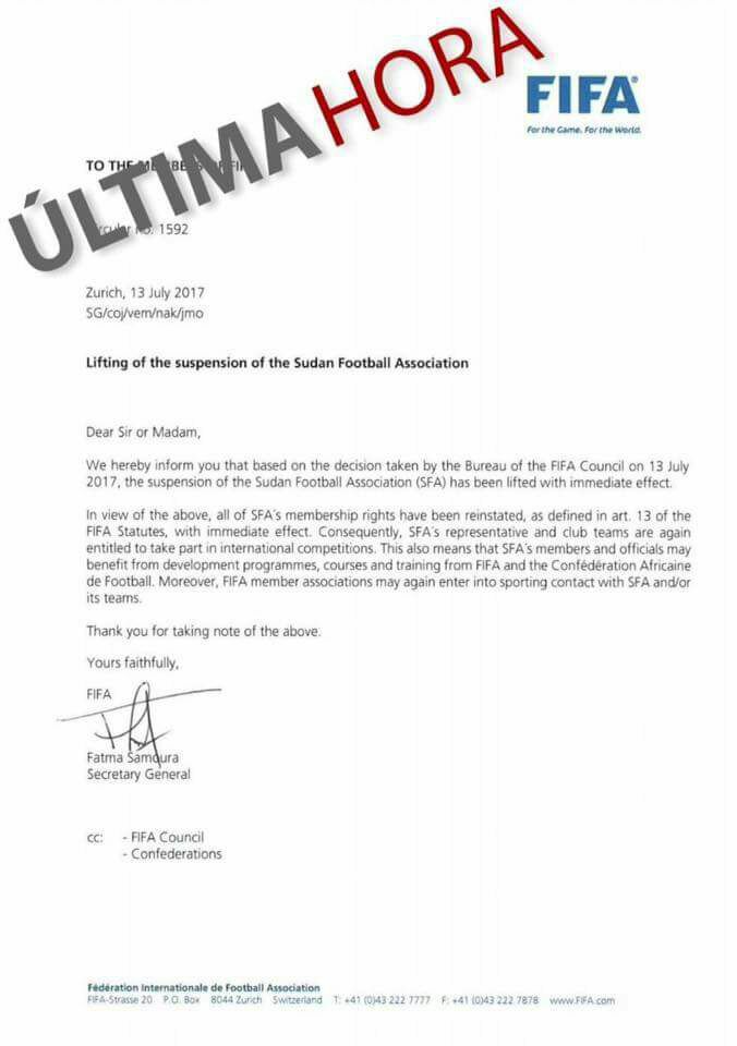 O Conselho da FIFA reunido ontem, 13 de Julho em Zurique, decidiu levantar a suspensão da Sudan Football Association com efeitos imediatos. Desde já o Sudão e os seus filiados já podem participar em competições internacionais. Está decisão não anula a decisão sobre a situação final dos grupos que envolvem as equipas sudanesas nas Afrotaças já homologado pela CAF a 9 de Julho pois não tem efeito retroactivo. O Ferroviário da Beira continua na CAF Champions League e deverá defrontar em Setembro o USM Alger nos quartos de final.