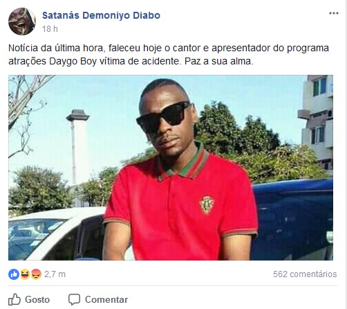 Notícia da última hora, faleceu hoje o cantor e apresentador do programa atrações Dygo Boy vítima de acidente.