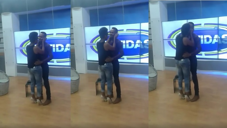 A cantora Kátia Agy deu um beijo ao apresentador mais fofo da África Austral, Fred Jossias em directo no programa Batidas, da TV Sucesso.