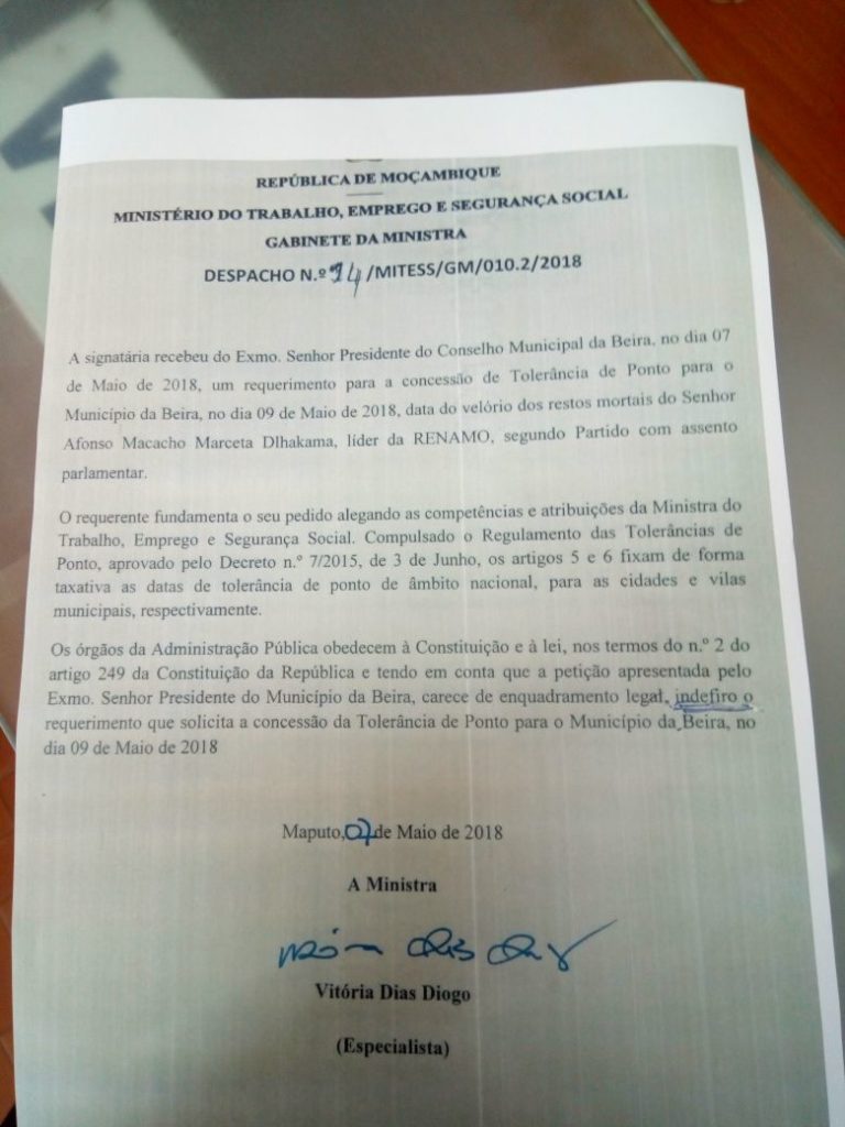 Governo rejeita pedido de tolerância para cidade da Beira para o velório de Dhalakama