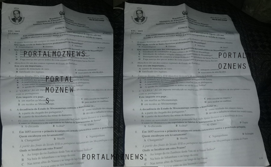 Exame de História da 12ª classe 2ª época aparece com respostas assinaladas no enunciado