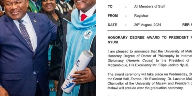 Depois de Lazarus Chakwera em Moçambique: Filipe Nyusi será outorgado Doutor Honoris Causa pela Universidade de Malawi em Filosofia de relações internacionais e diplomacia